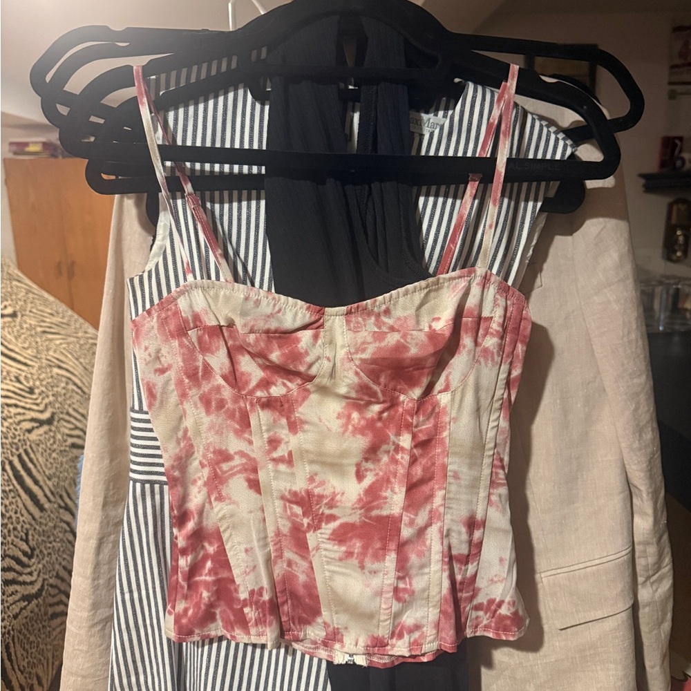 PrettyLittleThing Pink and Cream Tie-Dye Corset Camisole & SKIRT